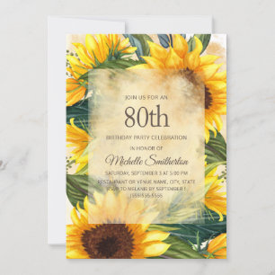 Rustic Country Yellow Sunflowers 80th Birthday Invitation