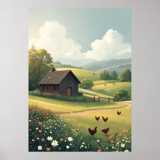 Rustic Countryside Cabin with Wildflowers  Poster