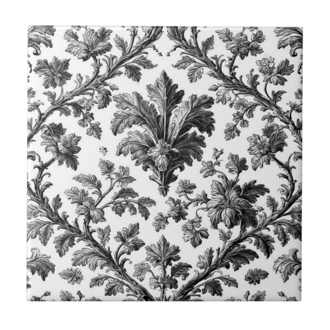 Rustic Countryside Floral Motif Monochrome Elegant Ceramic Tile (Front)