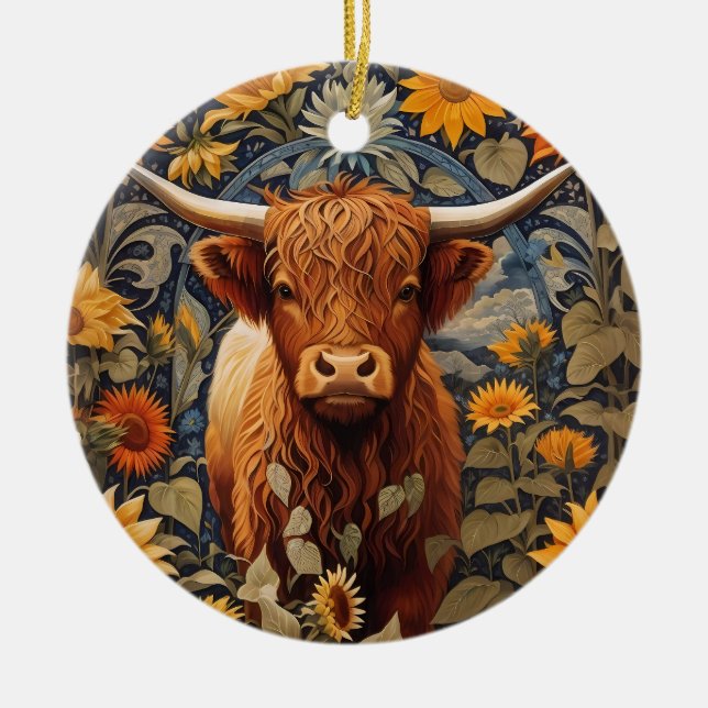 Rustic Countryside Highland Cow Sunflowers Ceramic Ornament (Front)