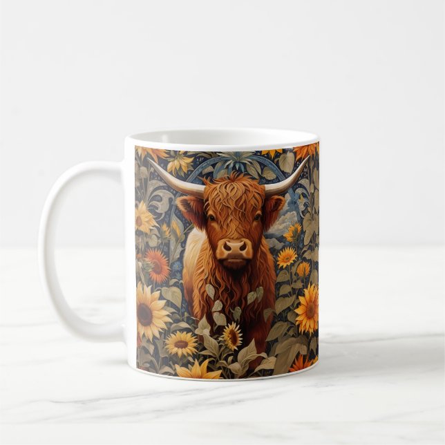 Rustic Countryside Highland Cow Sunflowers Coffee Mug (Left)
