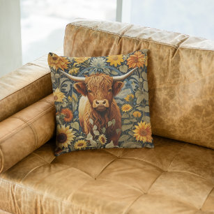 Rustic Countryside Highland Cow Sunflowers Cushion