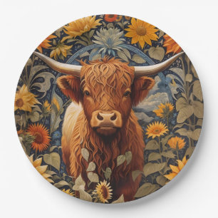 Rustic Countryside Highland Cow Sunflowers Paper Plate