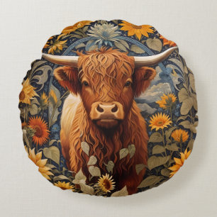 Rustic Countryside Highland Cow Sunflowers Round Cushion
