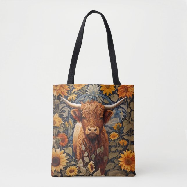 Rustic Countryside Highland Cow Sunflowers Tote Bag (Front)