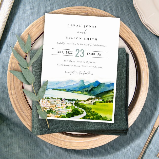 Rustic Countryside Lake Village Landscape Wedding Invitation (Creator Uploaded)