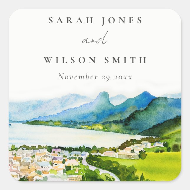 Rustic Countryside Lake Village Landscape Wedding Square Sticker (Front)