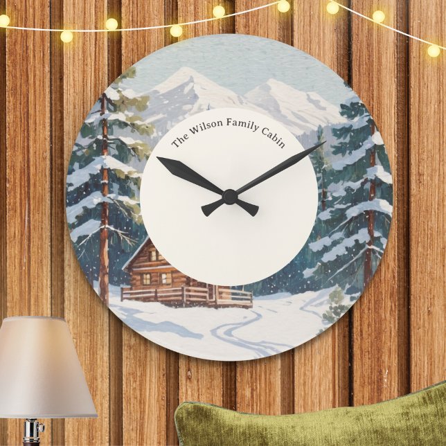 Rustic Countryside Snow Scene Holiday Family Cabin Large Clock (Step into a rustic winter wonderland with a personalized family cabin picture clock)
