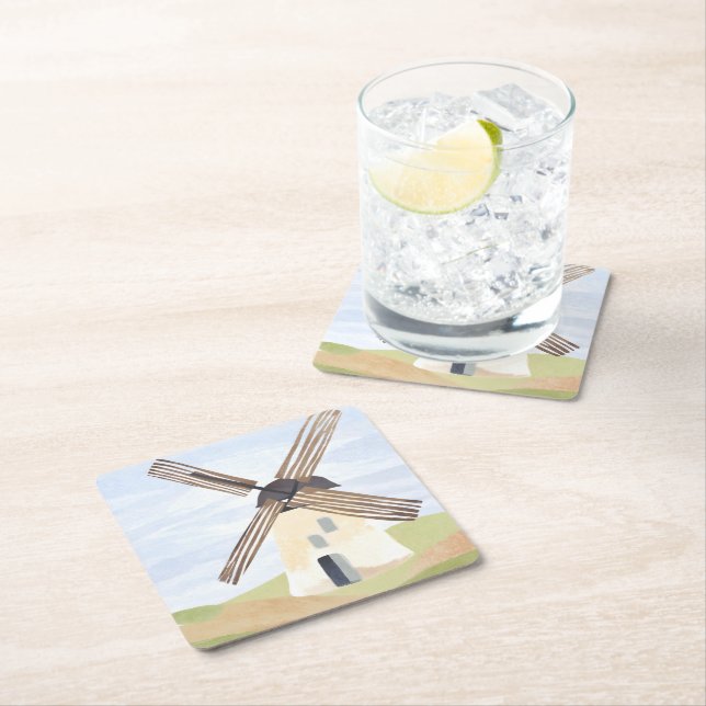 Rustic Countryside Windmill | Watercolor Painted Square Paper Coaster (Insitu)
