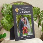 Rustic Couple Wedding Photo Gold Heart  Chalkboard Plaque<br><div class="desc">Rustic couple wedding photo frame in chalkboard personalised with name and date. The quote ‘we decided forever’ adds a romantic element to the photo plaque.</div>