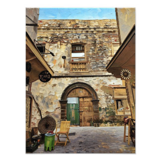 Rustic Courtyard With Brick Walls and Wooden Door Photo Print