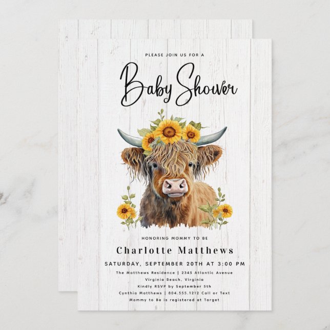 Rustic Cow Floral Wood Watercolor Baby Shower  Invitation (Front/Back)