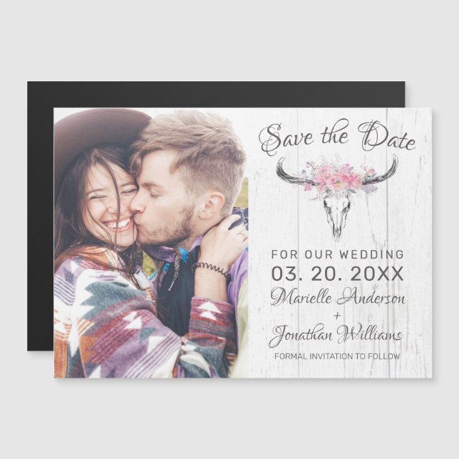 Rustic Cow Skull Blush Floral Photo Save the Date Magnetic Invitation (Front/Back)