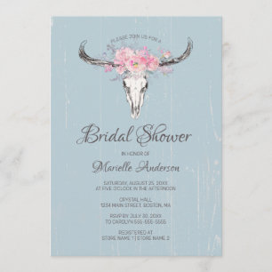 Rustic Cow Skull Boho Blush Floral B Bridal Shower Invitation