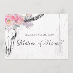 Rustic Cow Skull Boho Blush Floral Matron of Honou Invitation