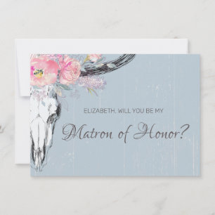 Rustic Cow Skull Boho Blush Floral Matron of Honou Invitation