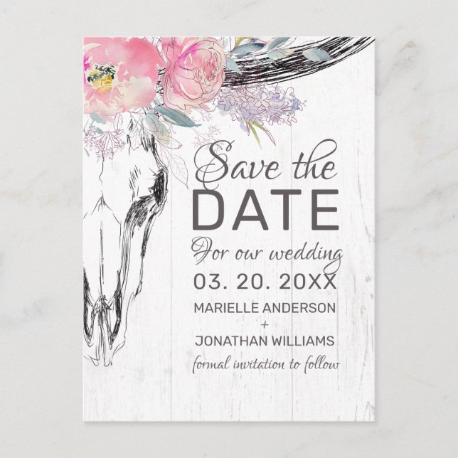 Rustic Cow Skull Boho Blush Floral Save the Date Announcement Postcard (Front)