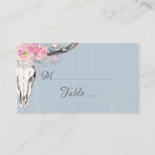 Rustic Cow Skull Boho Blush Watercolor Floral Blue Place Card