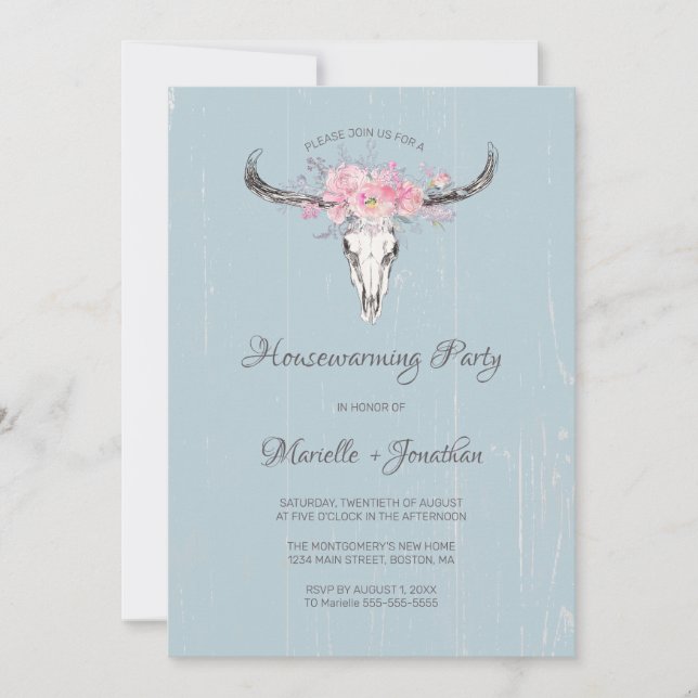 Rustic Cow Skull Boho Floral Blue Housewarming Invitation (Front)