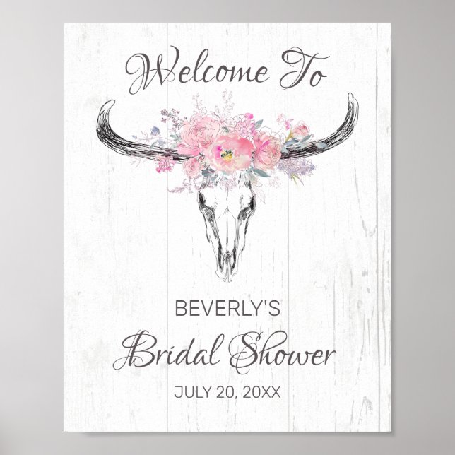 Rustic Cow Skull Boho Floral Bridal Shower Welcome Poster (Front)