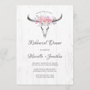 Rustic Cow Skull Boho Floral Pink Rehearsal Dinner Invitation