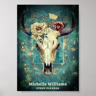 Rustic Cow Skull Floral Boho Western Business Logo Poster