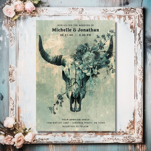 Rustic Cow Skull Floral Boho Western Wedding Invitation