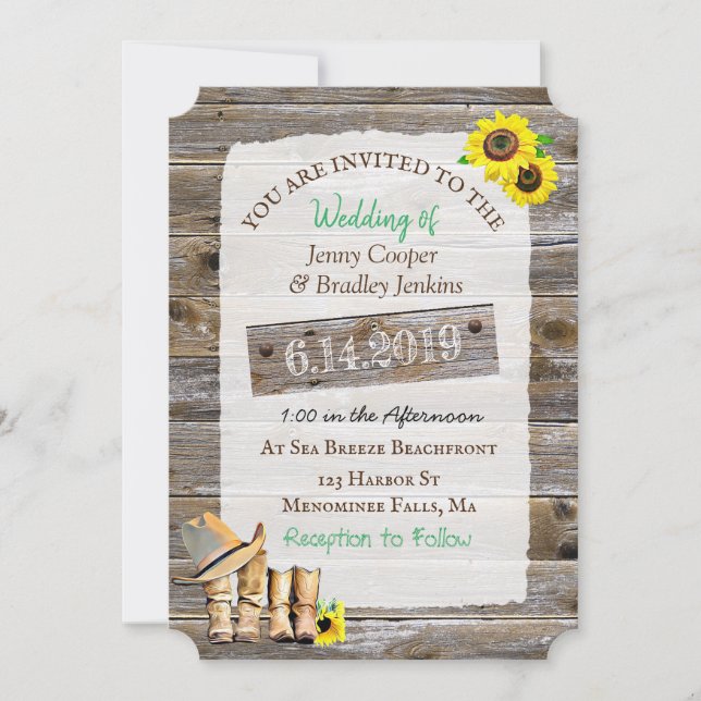 Rustic Cowboy Boots and Hat Sunflower Wedding Invitation (Front)