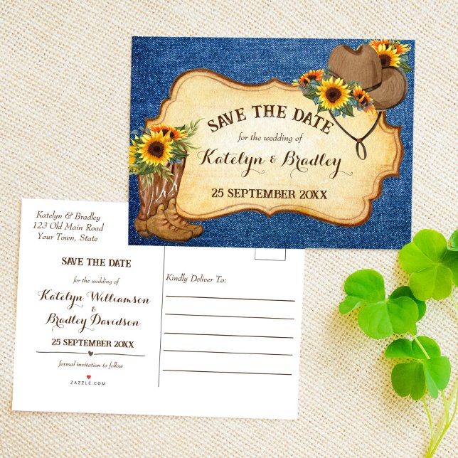 Rustic cowboy boots and hat sunflowers denim announcement postcard (Creator Uploaded)
