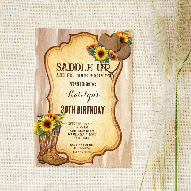 Rustic cowboy boots and hat sunflowers watercolor invitation (Creator Uploaded)