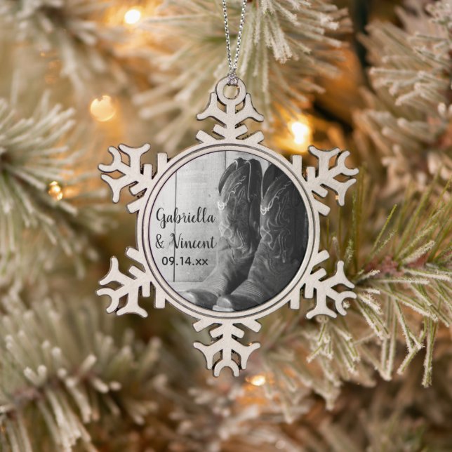 Rustic Cowboy Boots Country Western  Wedding Snowflake Pewter Christmas Ornament (Tree)