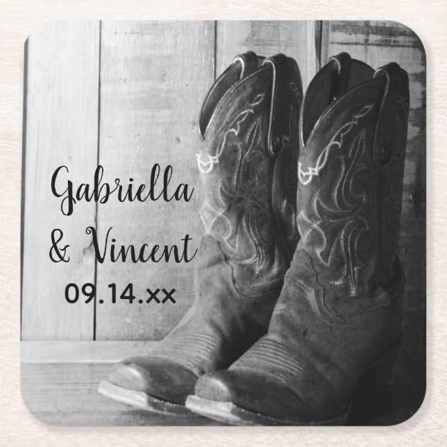 Rustic Cowboy Boots Country Western Wedding Square Paper Coaster (Front)