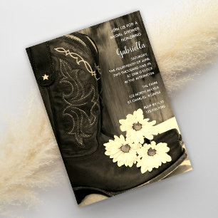 Rustic Cowboy Boots Daisies Bridal Shower Sepia Invitation
