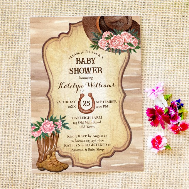 Rustic cowboy boots felt hat peonies watercolor   invitation (Creator Uploaded)