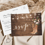 Rustic Cowboy Boots Floral String Lights RSVP Invitation Postcard<br><div class="desc">Invite your guests in style with this Rustic Boots Floral String Lights RSVP Postcard. The postcard design perfectly captures the rustic charm of your country wedding, featuring beautiful flowers, rustic cowboy boots, and elegant string lights. The postcard format makes it easy for your guests to RSVP and indicate their meal...</div>