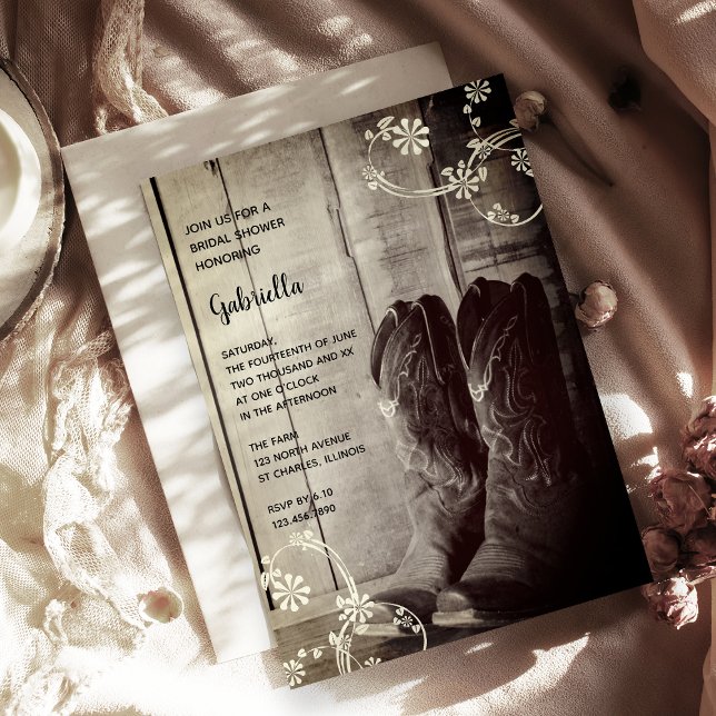 Rustic Cowboy Boots Floral Western Bridal Shower Invitation (Creator Uploaded)
