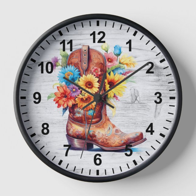 Rustic Cowboy Boots & Flowers Clock (Front)