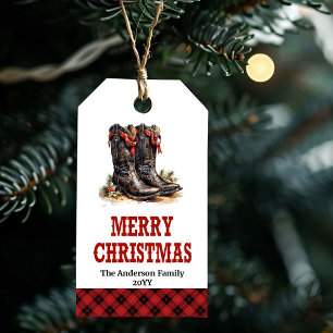 Rustic cowboy boots gift tag red green editable