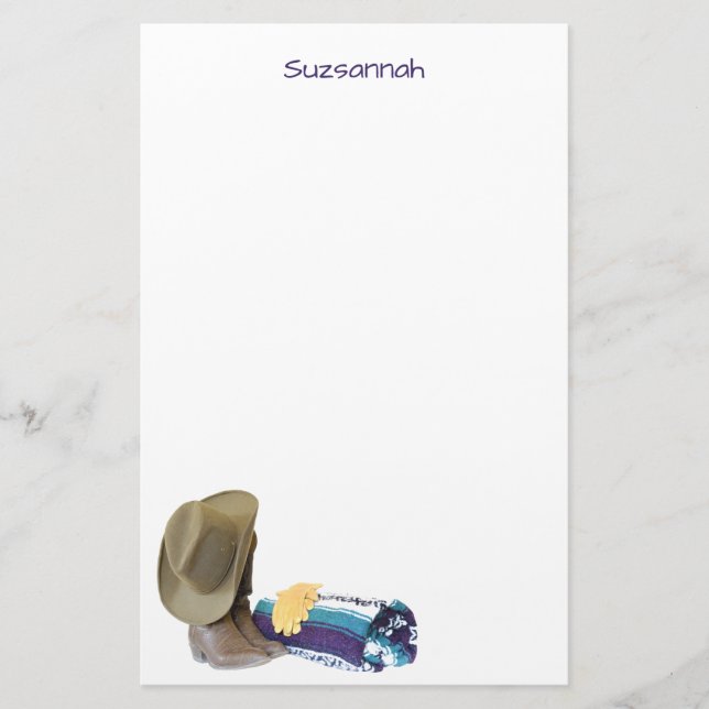 Rustic Cowboy Boots Hat Blue Purple Blanket Custom Stationery (Front)