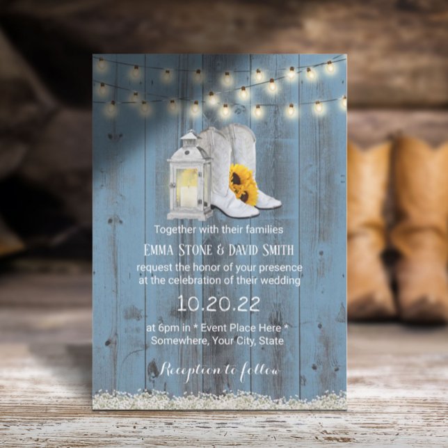 Rustic Cowboy Boots Lantern Dusty Blue Wedding Invitation (Creator Uploaded)