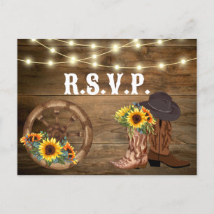 Rustic Cowboy Boots Sunflower Western Wedding RSVP Postcard