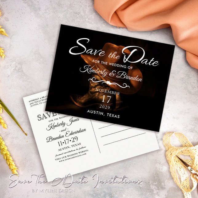 Rustic Cowboy Boots Wedding Save the Date Postcard (Creator Uploaded)
