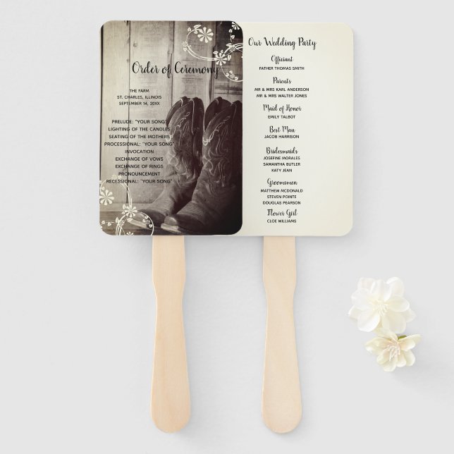 Rustic Cowboy Boots Western Floral Wedding Program Hand Fan (Front and Back)