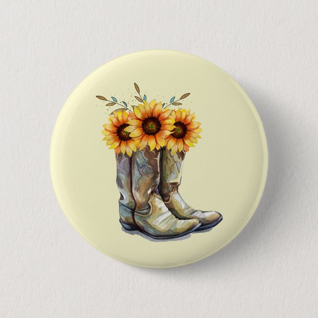 Rustic Cowboy Boots with Sunflowers 6 Cm Round Badge (Front)