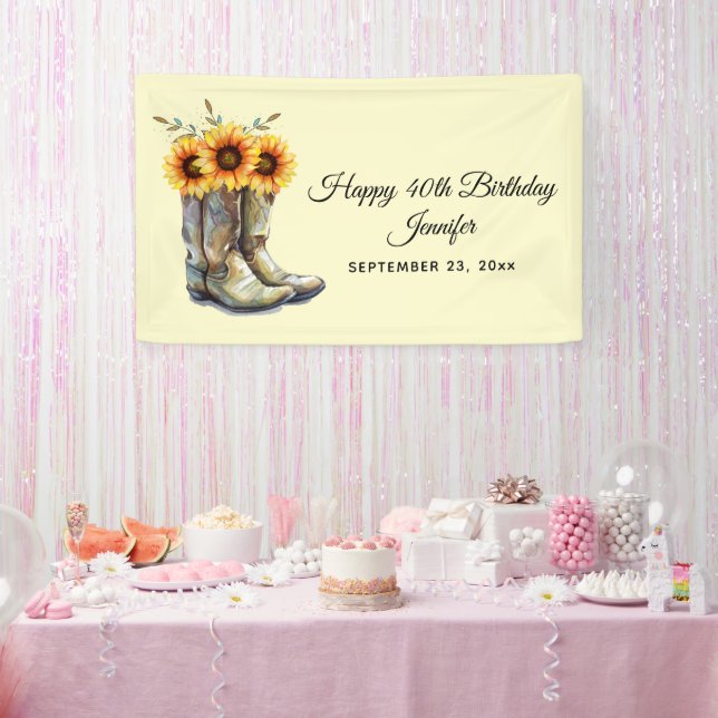 Rustic Cowboy Boots with Sunflowers Birthday Banner (Party)