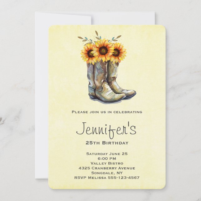 Rustic Cowboy Boots with Sunflowers Birthday Invitation (Front)