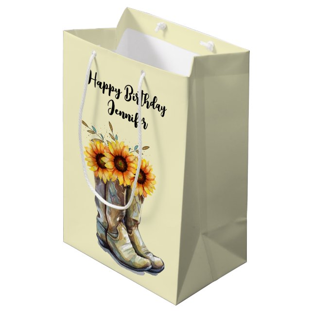 Rustic Cowboy Boots with Sunflowers Birthday Medium Gift Bag (Front Angled)