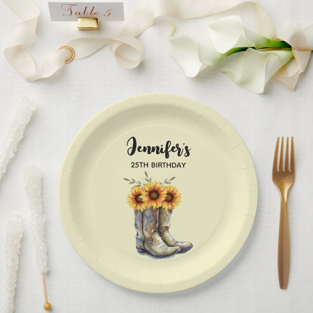Rustic Cowboy Boots with Sunflowers Birthday Paper Plate (Wedding)