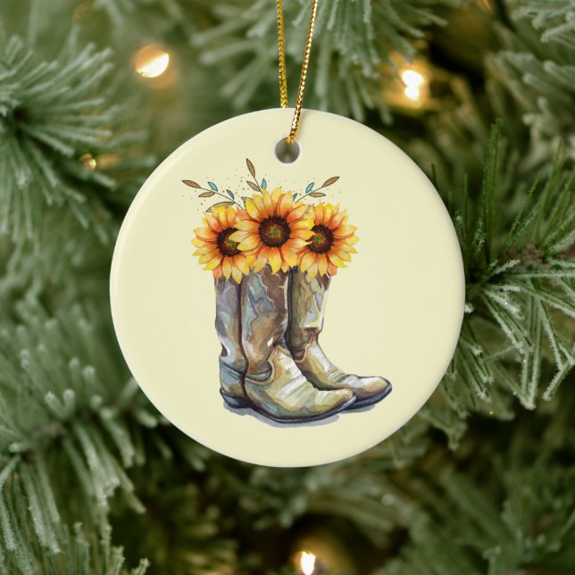 Rustic Cowboy Boots with Sunflowers Ceramic Ornament (Tree)