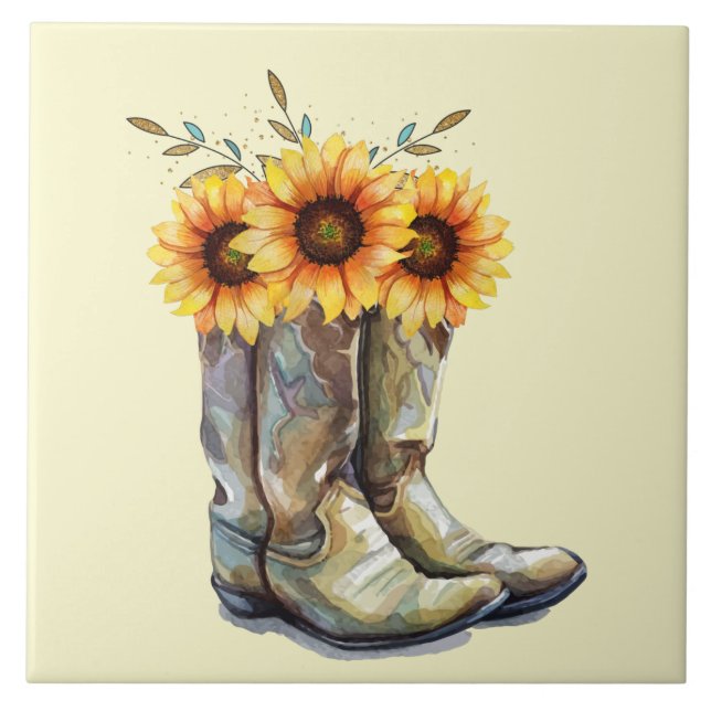 Rustic Cowboy Boots with Sunflowers Ceramic Tile (Front)